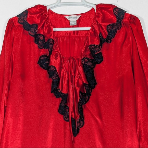 VTG 80s Red Satin Nightgown Womens L Black Lace Trim Long Sleeve Sabrina Mervyns - Picture 4 of 6